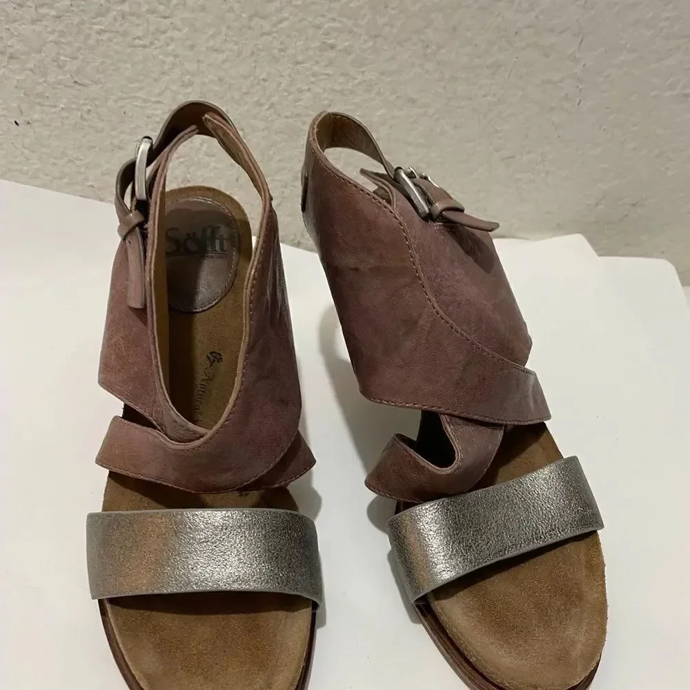 SOFFT Christine Platform Stacked Heel Leather Sandals Beta Gray Anthracite Sz 9